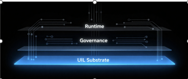 Conceptual layered architecture showing UIL substrate, governance, and runtime